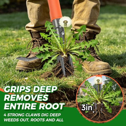 Stand Up Weed Puller Tool, 4-Claw Steel Head with Dual-Eject Design - color: orange