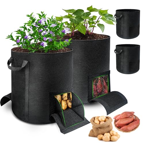 4 Pcs 15 Gallon Potato Grow Bags with Harvest & Visible Windows, Thickened Nonwoven Fabric Potato Planter,Potato Growing Containers with Sturdy Handles, Potato Bags for Growing Potatoes Vegetables - size: 4 Pack / 15 Gallon