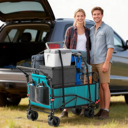 LEVELEVE Heavy Duty Folding Wagon - 2-in-1 Collapsible Cart, All-Terrain Wheels w/Brakes & Side Pockets (Azure Blue, 650lb Capacity) - color: Sky Blue, size: Large