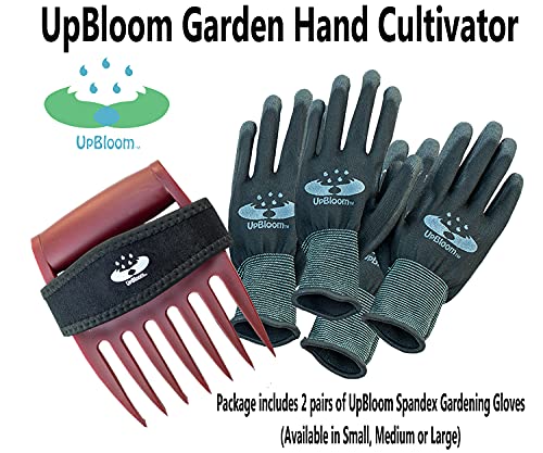 UpBloom - Garden Hand Cultivator Includes 2 Pairs of Spandex Gardening Gloves - ergonomically Designed to Hand rake, dig, Weed, Plant, Aerate and Cultivate Vegetable and Flower beds (Medium) - size: Medium
