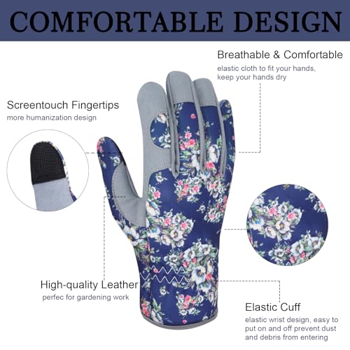 Leather Gardening Gloves for Women Thorn Proof Garden Gloves Touch Screen Working Gloves Gifts,M - color: Blue