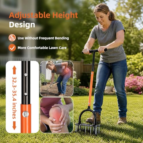 GAINO Lawn Aerator Tool, 15-Spike Aerator, Self-Cleaning, Black & Orange