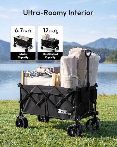 MOBI GARDEN 330Lbs Collapsible Folding Wagon Cart with Wheels 190L Capacity - color: Obsidian Black, size: 190L