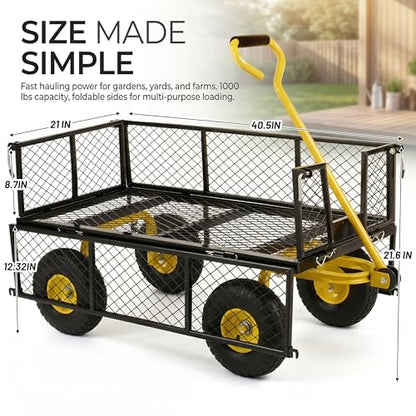 Finnhomy Heavy Duty 1000 Lbs Capacity Mesh Steel Garden Cart, Pullable Garden Wagons Carts on Wheels, Folding Utility Wagon with Removable Sides for Outdoor, Yard, Lawn, Yellow - color: Yellow