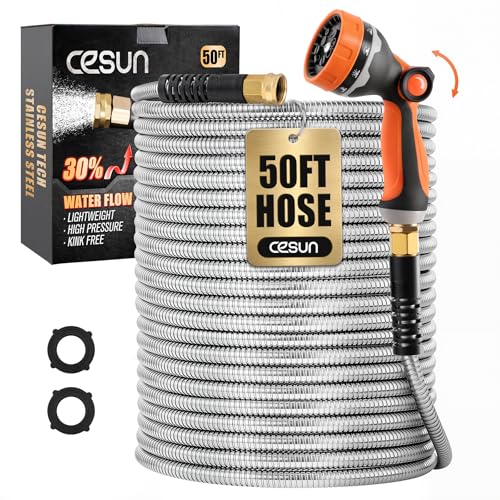 Cesun 50 ft Metal Garden Hose with 10 Function Nozzle, 50 foot x 5/8" - size: 50ft Male to Female