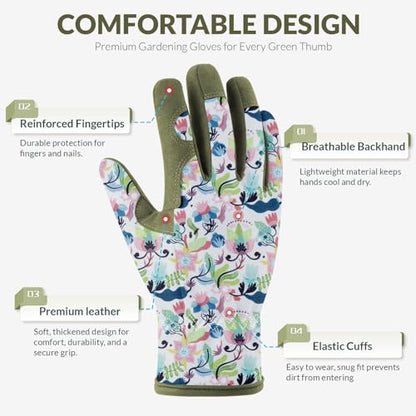 Baidast Gardening Gloves for Women, Breathable Leather Garden Gloves with Grip, Thorn Proof Work Gloves - color: Women(medium)-green+white