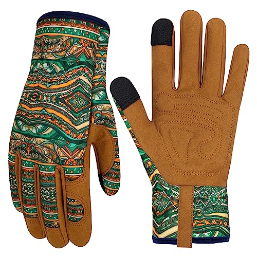Leather Gardening Gloves for Women Thorn Proof Garden Gloves Touch Screen Working Gloves Gifts,M - color: Bohemian Style B