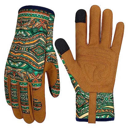 Leather Gardening Gloves for Women Thorn Proof Garden Gloves Touch Screen Working Gloves Gifts,M - color: Bohemian Style B