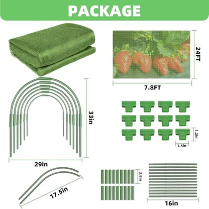 U0U Garden Mesh Netting Kit,7.8 x 24 Ft Plant Netting with Hoops,Bird Net for Garden with 6 Sets Garden Hoops & 18 Clips,Garden Net Bed Cover for Plants Birds Animals Protection - color: Green