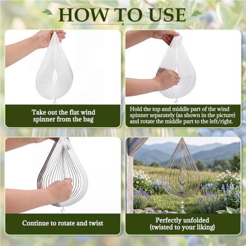 4 PCS 19" 3D Hanging Wind Spinners Water Droplets Stainless Steel Double Sided Hanging Decor for Outdoor and Gardens, Bird Devices Deterrent to Scare Birds Away from Yard Patio Farm