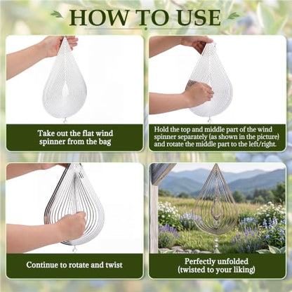 4 PCS 19" 3D Hanging Wind Spinners Water Droplets Stainless Steel Double Sided Hanging Decor for Outdoor and Gardens, Bird Devices Deterrent to Scare Birds Away from Yard Patio Farm