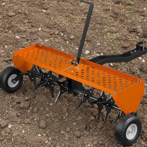 Garvee 48-Inch Tow Behind Plug Aerator,Pull Behind Aerator with Durable Steel Tines Lawn & Tray and Pneumatic Tires Tow Behind Spike Aerator for Lawn, Farm,Planting,Orange - color: Orange, size: 48in
