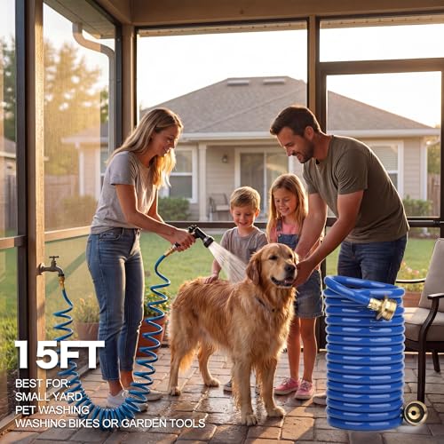 15FT Blue EVA Coil Garden Hose with Metal Fittings - color: Blue, size: 15 feet