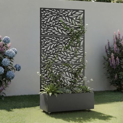 Metal Raised Garden Bed with Trellis and Wheels, 71"x35"x16" (Black-Leaf) - color: Black-leaf, size: 71"x35"x16"