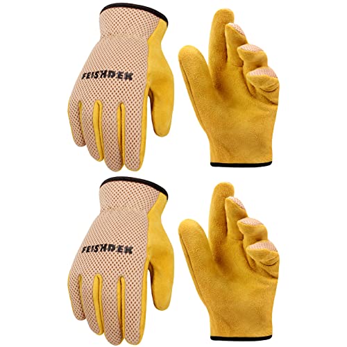 Kids Gardening Gloves, Durable Cowhide Kids Leather Glove for Work Age 2-12 - color: Pink 2 Pairs, size: Large (Age 6-8)