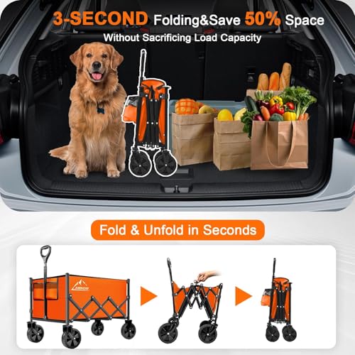 AMNOW 100L Collapsible Wagon Cart with All Terrain Wheels, 350LBS, Orange - color: Bright Orange