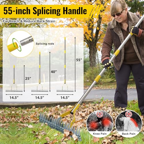 Garden Leaf Rake: Dual Function Thatching Rake for Lawn Dead Grass Leaves, Stainless Steel Heavy Duty 69” Lawn Dethatcher with Sharp 19 Tines, Fast Weeds, Leaf, Thatch, Dead Grass Removal Garden Tool - style: 69"