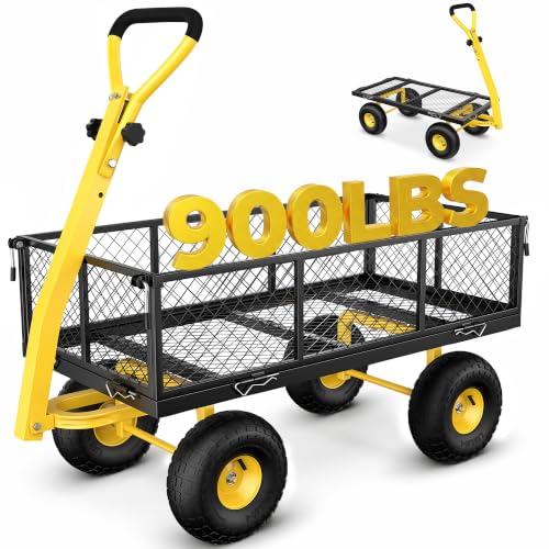 Firstness 900Lbs Metal Garden Wagon Cart Large Garden Cart on Wheels, Black - color: Black, size: Updated 900 Lbs