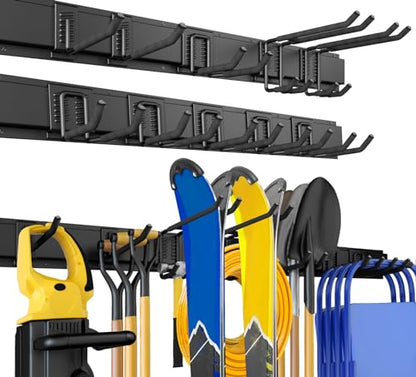64 Inches Garage Storage, UUP Garage Organization Wall Mount Garden Tool Organizer, 620lbs Adjustable Metal Hooks, Yard Shed Rail Rack, Lawn Tool Holder for Hanging Rake Broom Mop Snowboard, Home Gift - size: 64" with 4 Panels & 10 Hooks