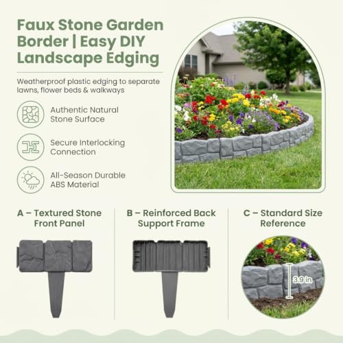 20 Pack Imitation Stone Garden Fence, Landscape Edging, Weatherproof Plastic Border for Flower Beds, Lawn & Walkway