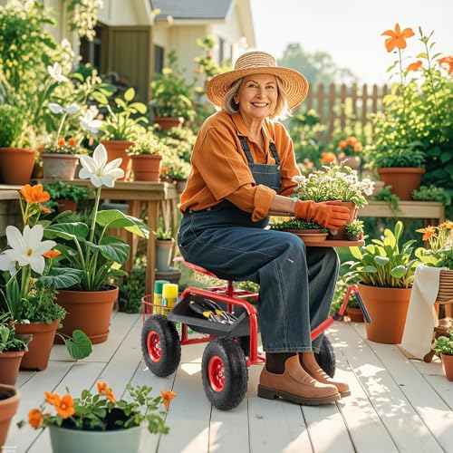 Rolling Garden Seat, Garden Stool with Wheels, Extendable Handle, Storage Basket & Tool Tray, Garden Scooter with 360 Degree Swivel Seat for Outdoor, Garden & Yard (Red) - color: Red