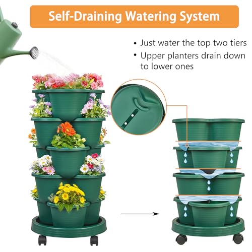 VECELO 5 Tier Vertical Garden Planter, Self Watering Stackable Planters with Wheels for Strawberries, Herbs, Flowers, Vegetables, Dark Green - color: Dark Green, size: 5 Tier