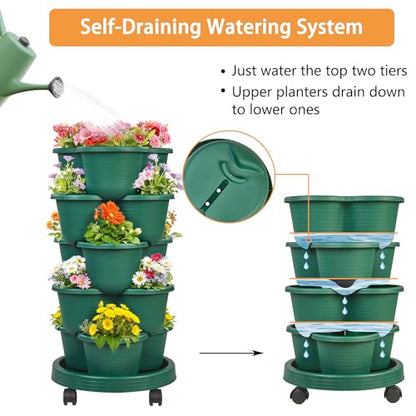VECELO 5 Tier Vertical Garden Planter, Self Watering Stackable Planters with Wheels for Strawberries, Herbs, Flowers, Vegetables, Dark Green - color: Dark Green, size: 5 Tier