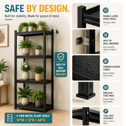 Plant Stand, Adjustable 4 Tier Metal Flower Stand with Double Layer Posts - color: 14''W*12''D*44''H