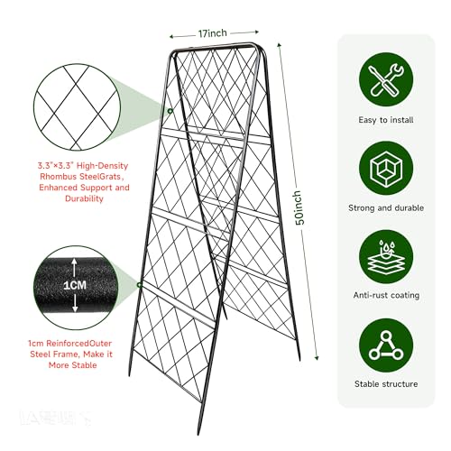 50"x17" Heavy Duty Metal Garden Trellis - Rust-Proof A-Frame Cucumber Trellis with High-Density Rhombus SteelGrats for Climbing Plants, Tomatoes & Raised Beds, Outdoor Use (1 Pack) - color: 1pack