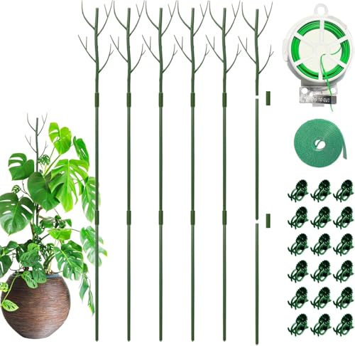 GardenPal 6 Pack Detachable 43.3" Plant Support Stakes- Indoor/Outdoor Monsteras, Pothos, Potted Plants and Climbing Plants, with Velcro Straps, Non-Rotting Plastic Natural Branch (Green)