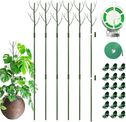 GardenPal 6 Pack Detachable 43.3" Plant Support Stakes- Indoor/Outdoor Monsteras, Pothos, Potted Plants and Climbing Plants, with Velcro Straps, Non-Rotting Plastic Natural Branch (Green)