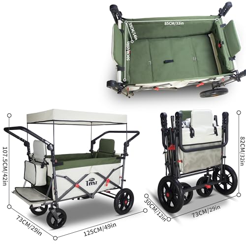 TMZ Collapsible Wagon with 2 Foldable Seats, Folding Wagon with Canopy, Multi Functional Cart with Adjustable Handle Bar, Front Expandable for Transport Camping (Green/Beige) - color: Green/Beige