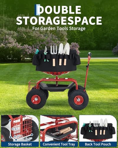 Garvee Heavy Duty Garden Cart, Garden Scooter Rolling Work Seat - color: Red With Back