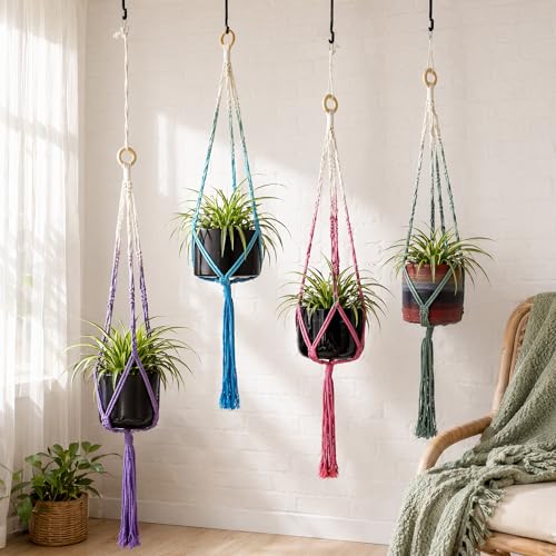 4-Pack Plant Hangers, Macrame dip-DIY Handwoven Indoor Pot Holder, Boho Decor,(Pink, Purple, Blue, Green, 33“) - color: Pink, Purple, Blue, Green