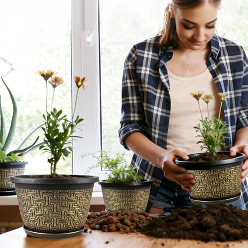 Nooulap 4 Pack 12 Inch Plant Pots, Large Plastic Flower Planters - color: Gold 4-pack, size: 12 Inch