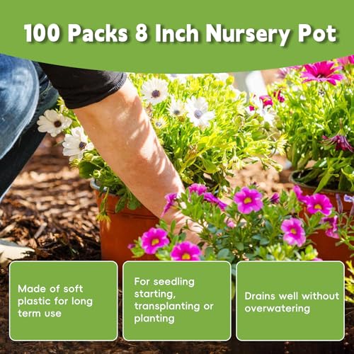 HOSTIC 8 Inch Nursery Pot Seedling Pot Plant Container Seed Starting Pots Multipurpose Plastic Pots 100 Packs - size: 8 Inch