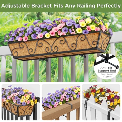 Y&M 4Pcs 30'' Large Railing Planter Boxes with Coco Liner, Outdoor Hanging Window Flower Boxes for Deck, Fence, Porch, and Patio - size: Butterfly 30in 4p