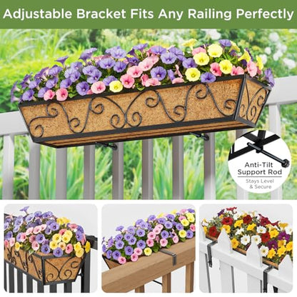 HFHOME 30 Inch Railing Planter Box with Coco Liners for Deck, Porch, Fence, Patio, Balcony Hanging Flower Railing Baskets with Adjustable Brackets, Outdoor Garden - 4 Packs - size: 30"-4P Butterfly