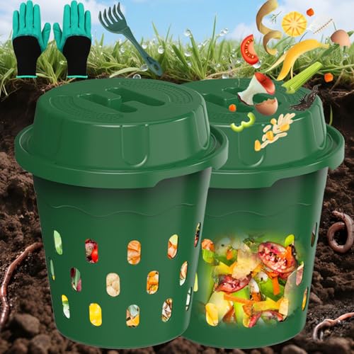 2-Pack Inground Worm Composter, 8L Outdoor Worm Farm, Worm Compost Bin for Garden Beds & Home Use, Vermicomposting Bin for Recycling Food Waste (9.5x9.5x10.8Inch), Green - size: 2-Pack