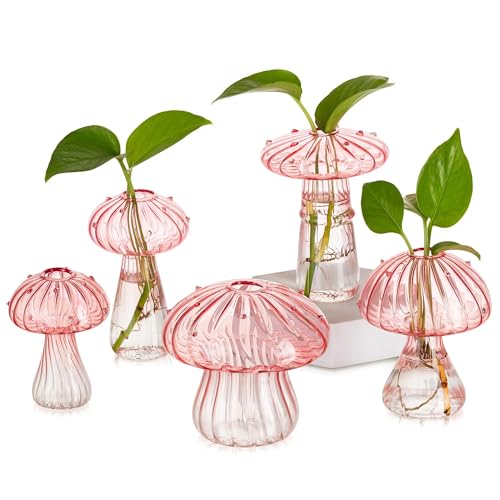 Glasseam Mushroom Plant Propagation Stations: Pink Glass Terrarium Jar Set of 5 Cute Planters for Indoor Plants Decorative Propagate Vase Unique Gifts for Women Home Office Decor - color: Pink, size: 5