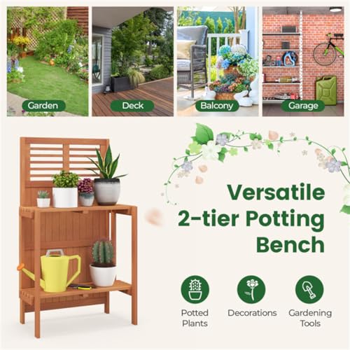 Foldable Potting Bench for Small Spaces, 25" Compact Wooden Garden Workstation with 2-Tier Storage Shelves, Outdoor Plant Table Garden Furniture Deck Plant Table for Patio Balcony Deck, Easy Assembly