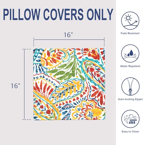 Outdoor 16x16 Inch Throw Pillow Covers Set of 2, All Weather Square Pillow Cases, Covers ONLY, Patio Cushion Pillow of Home Furniture Use, Paisley Multi - color: Paisley Multi, size: 16" x 16" (Pack of 2)
