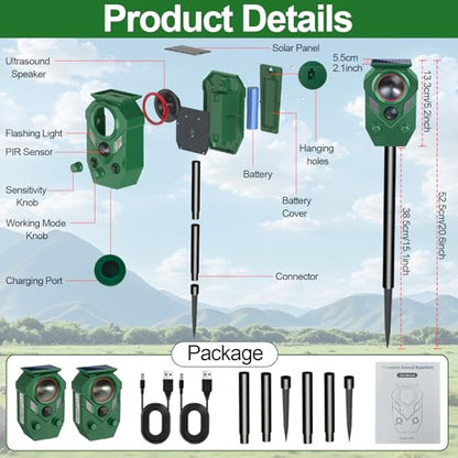 Solar Animal Repellent,Ultrasonic Cat Repellent Outdoor with Motion Sensor,Waterproof Rabbit Repeller with Flashing Light Defender Dog, Mouse,Squirrel,Raccoon,Skunk,Deer for Yard Farm Garden-2 Pack - size: 1 Count (Pack of 2)