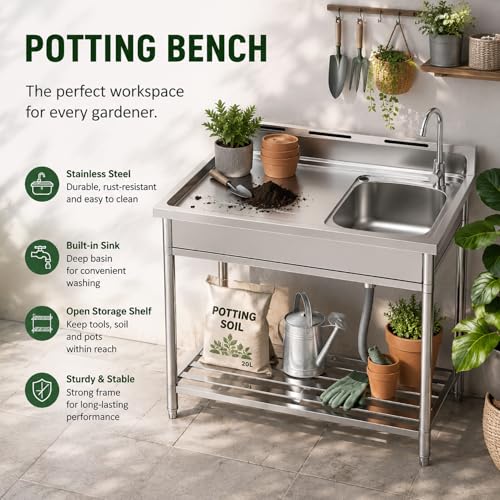 Potting Bench for Outdoor Garden, 39 Inch Stainless Steel Potting Table - size: 39 Inch