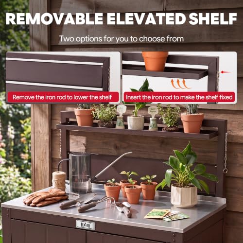 Feasto Outdoor Potting Bench Table with Storage Cabinet, Brown - color: Brown