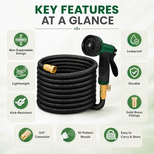 Black Non Expandable Garden Hose 100ft with 10 Function Nozzle, Lightweight 100 ft Water Hose for Yard, Lawn, Camping - color: Blcak, size: 100FT