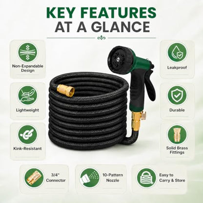 Black Non Expandable Garden Hose 50ft with 10 Function Nozzle, Lightweight 50 ft Water Hose for Yard, Lawn, Camping - color: Blcak, size: 50FT