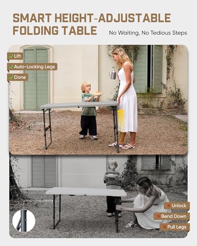 FanttikOutdoor Folding Table 4 Foot Quick Adjust Portable Plastic 4 Heights - color: Grey