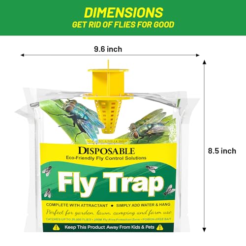 Fly Traps Outdoor with Food Bait, Disposable Flies Bags Outside, Hanging Flying Insect Control, Pest Killer Repellent, Bug Catchers Backyard, Patio, Ranch, Trash Can, 6 Pack
