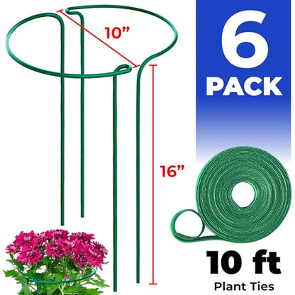Tall Plant Support Stakes for Indoor and Outdoor - Peony Cages and Supports - Plant Cage Ring for Potted Flower - Peony, Tomato, Hydrangea, Rose Bush 10" W x 16" H (6 Pack) - size: 6 Pack - 10'' Wide x 16'' High
